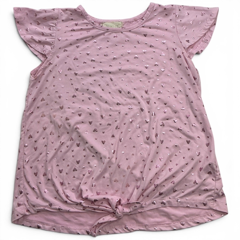 btween Pink Heart Print Flutter Sleeve Top Girls Size 10 Front Tie Metallic